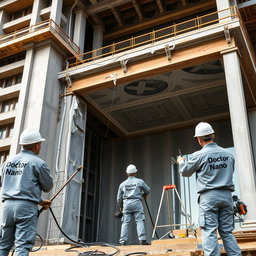 A beautiful and large building under construction, with three workers applying nano waterproofing