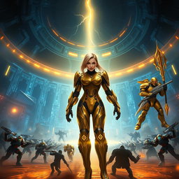 A breathtaking digital artwork capturing the epic crossover of Halo and Warhammer 40k in a vast Forerunner Nexus filled with glowing blue and gold energy