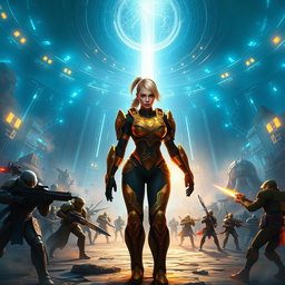 A breathtaking digital artwork capturing the epic crossover of Halo and Warhammer 40k in a vast Forerunner Nexus filled with glowing blue and gold energy