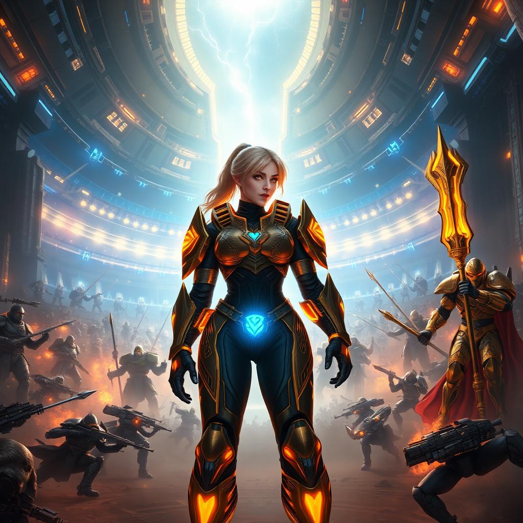 A breathtaking digital artwork capturing the epic crossover of Halo and Warhammer 40k in a vast Forerunner Nexus filled with glowing blue and gold energy