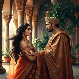 A beautifully detailed and regal scene set in a lavish Mughal court, featuring a sensual and alluring maid girl engaging in a romantic moment with a Mughal emperor