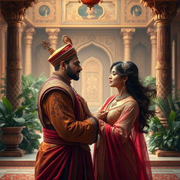 A beautifully detailed and regal scene set in a lavish Mughal court, featuring a sensual and alluring maid girl engaging in a romantic moment with a Mughal emperor