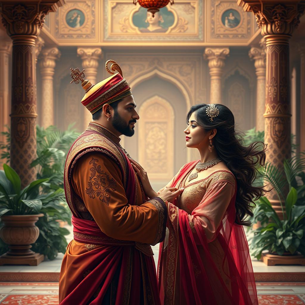 A beautifully detailed and regal scene set in a lavish Mughal court, featuring a sensual and alluring maid girl engaging in a romantic moment with a Mughal emperor