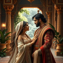 A beautifully detailed and regal scene set in a lavish Mughal court, featuring a sensual and alluring maid girl engaging in a romantic moment with a Mughal emperor