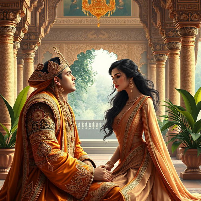 A beautifully detailed and regal scene set in a lavish Mughal court, featuring a sensual and alluring maid girl engaging in a romantic moment with a Mughal emperor