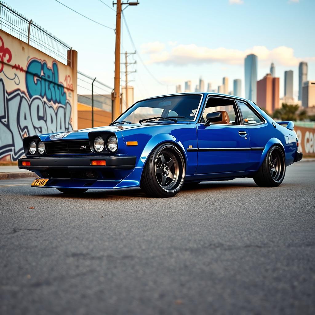 A striking 1980s Nissan JDM car, modified with lowered suspension and oversized deep-dish wheels that emphasize its sporty stance