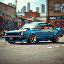 A striking 1980s Nissan JDM car, modified with lowered suspension and oversized deep-dish wheels that emphasize its sporty stance