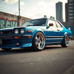 A striking 1980s Nissan JDM car, modified with lowered suspension and oversized deep-dish wheels that emphasize its sporty stance