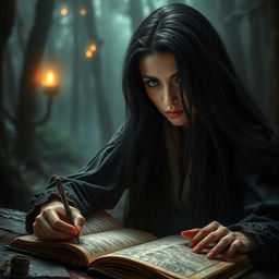 A mysterious woman with a dark aura writing in a book, set in a fantasy world