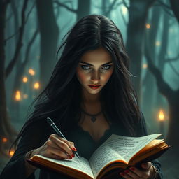 A mysterious woman with a dark aura writing in a book, set in a fantasy world