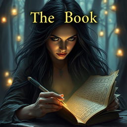 A mysterious woman with a dark aura writing in a book, set in a fantasy world
