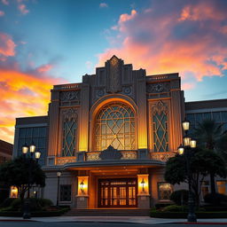 A stunning art deco style opera house, featuring grand architectural elements and intricate geometric designs