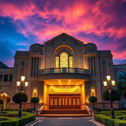 A stunning art deco style opera house, featuring grand architectural elements and intricate geometric designs