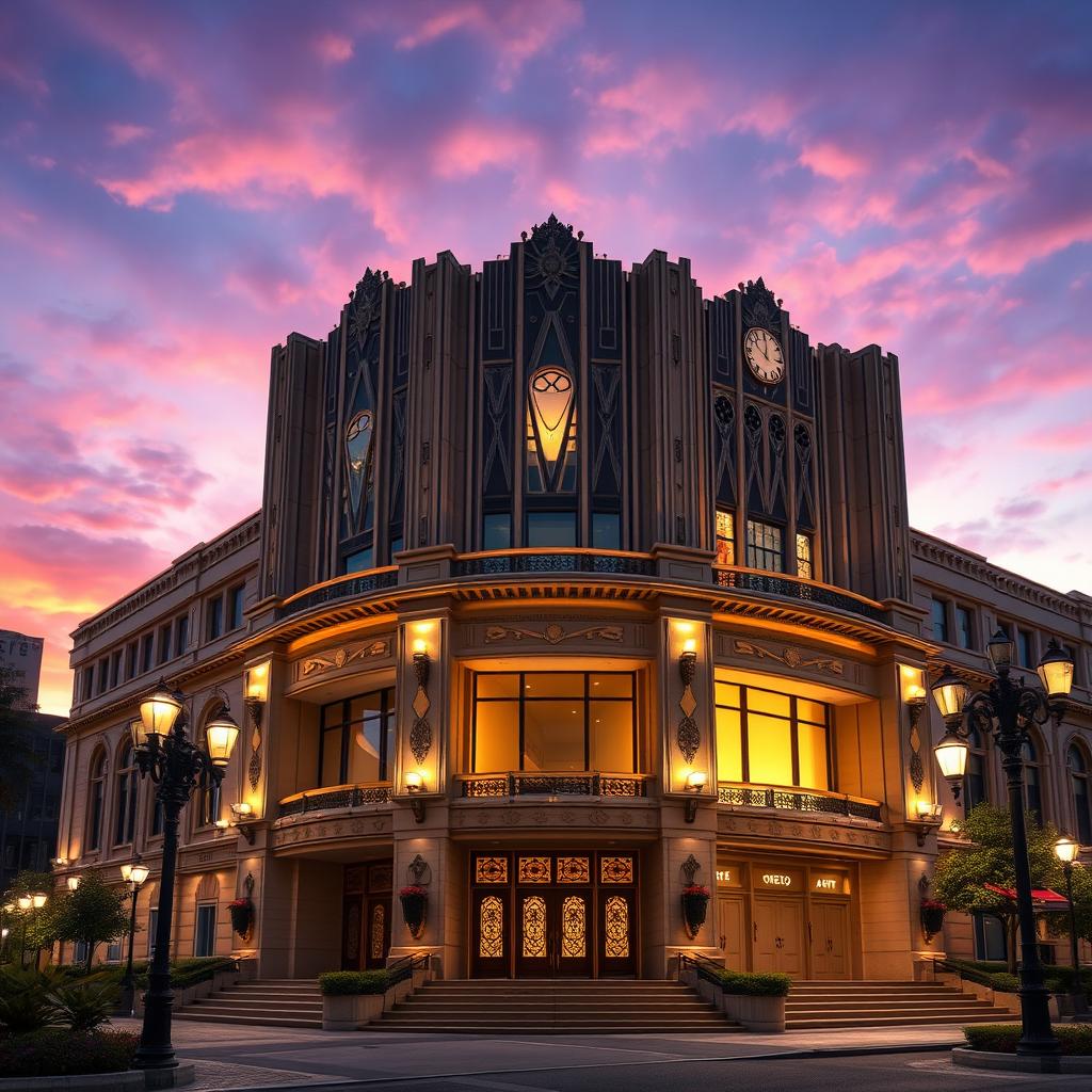 A stunning art deco style opera house, featuring grand architectural elements and intricate geometric designs