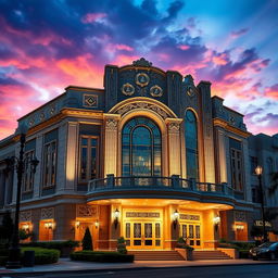 A stunning art deco style opera house, featuring grand architectural elements and intricate geometric designs