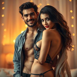 A captivating scene featuring a confident man and a half-naked, alluring woman in a sensual pose