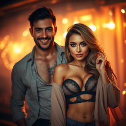 A captivating scene featuring a confident man and a half-naked, alluring woman in a sensual pose