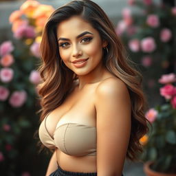 A portrait of a beautiful 20-year-old woman with a curvy figure, accentuated by her large breasts and hips