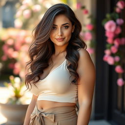 A portrait of a beautiful 20-year-old woman with a curvy figure, accentuated by her large breasts and hips
