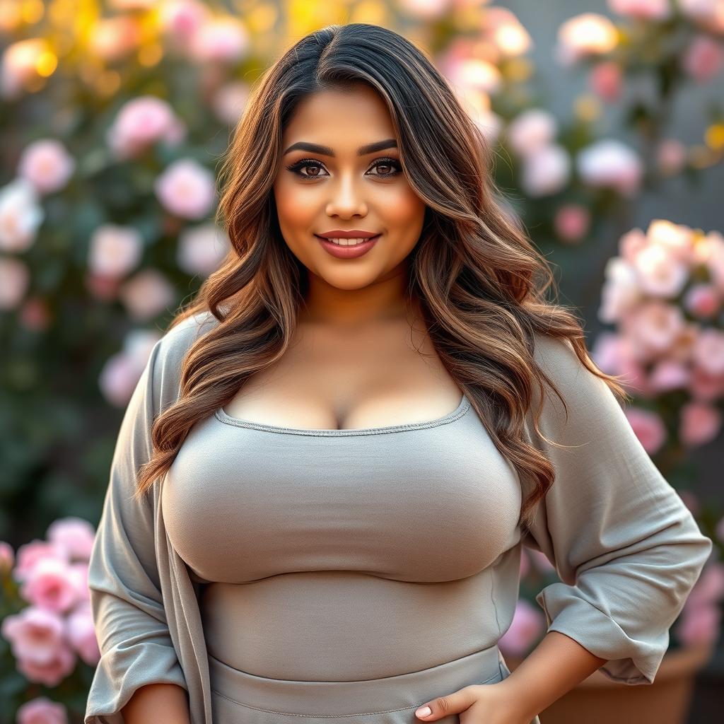A portrait of a beautiful 20-year-old woman with a curvy figure, accentuated by her large breasts and hips
