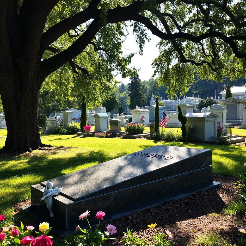 A serene and picturesque grave in a peaceful cemetery, surrounded by lush greenery and colorful flowers