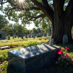 A serene and picturesque grave in a peaceful cemetery, surrounded by lush greenery and colorful flowers