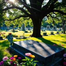 A serene and picturesque grave in a peaceful cemetery, surrounded by lush greenery and colorful flowers