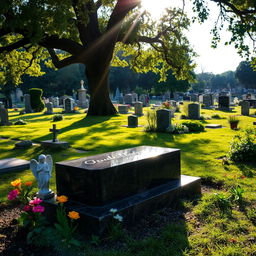 A serene and picturesque grave in a peaceful cemetery, surrounded by lush greenery and colorful flowers