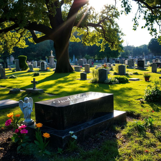 A serene and picturesque grave in a peaceful cemetery, surrounded by lush greenery and colorful flowers