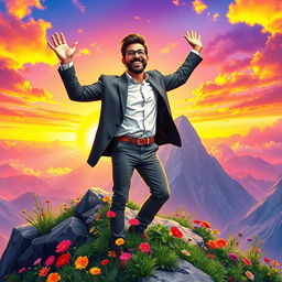 A vibrant, colorful image depicting a confident man standing triumphantly at the summit of a mountain, representing success beyond fear