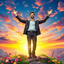 A vibrant, colorful image depicting a confident man standing triumphantly at the summit of a mountain, representing success beyond fear