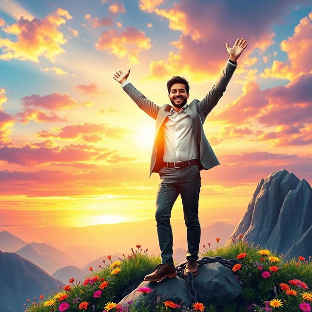 A vibrant, colorful image depicting a confident man standing triumphantly at the summit of a mountain, representing success beyond fear