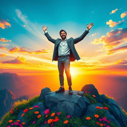 A vibrant, colorful image depicting a confident man standing triumphantly at the summit of a mountain, representing success beyond fear