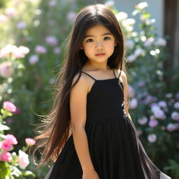 A young girl with long, shiny black hair, wearing an elegant black dress that flows gracefully around her