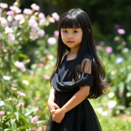 A young girl with long, shiny black hair, wearing an elegant black dress that flows gracefully around her