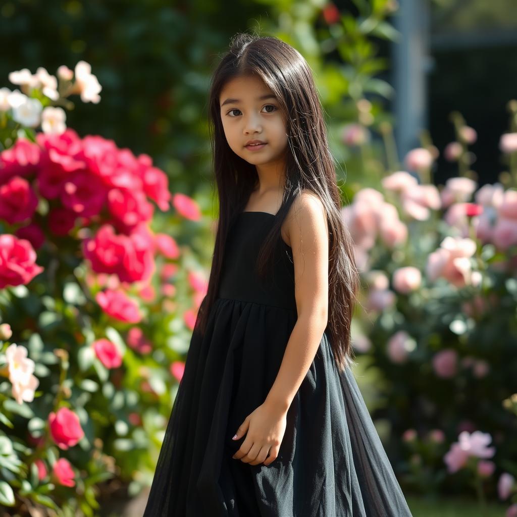 A young girl with long, shiny black hair, wearing an elegant black dress that flows gracefully around her