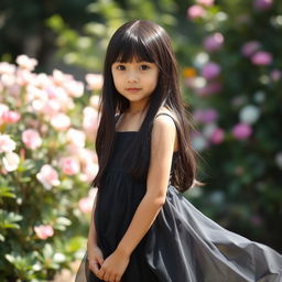 A young girl with long, shiny black hair, wearing an elegant black dress that flows gracefully around her