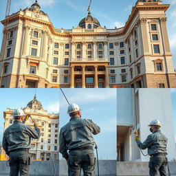 Five images of a beautiful and large building under construction, featuring three workers applying nano waterproofing