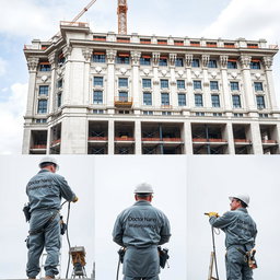 Five images of a beautiful and large building under construction, featuring three workers applying nano waterproofing