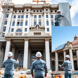 Five images of a beautiful and large building under construction, featuring three workers applying nano waterproofing