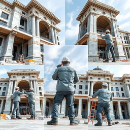 Five images of a beautiful and large building under construction, featuring three workers applying nano waterproofing