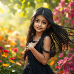 A beautiful young Persian girl with flowing black hair, wearing an elegant black dress