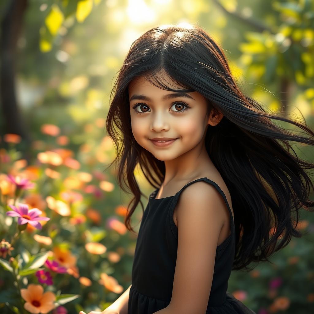 A beautiful young Persian girl with flowing black hair, wearing an elegant black dress
