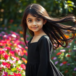 A beautiful young Persian girl with flowing black hair, wearing an elegant black dress