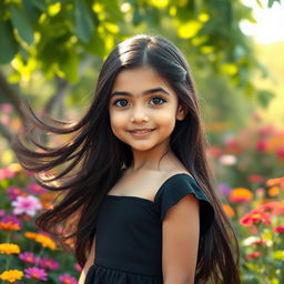 A beautiful young Persian girl with flowing black hair, wearing an elegant black dress