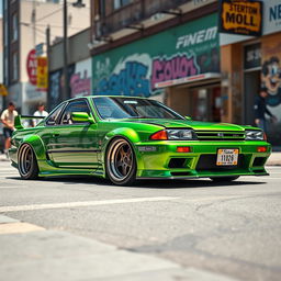 A vibrant 1990s Nissan JDM car, featuring a striking lowered stance that highlights its modified suspension