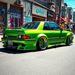 A vibrant 1990s Nissan JDM car, featuring a striking lowered stance that highlights its modified suspension