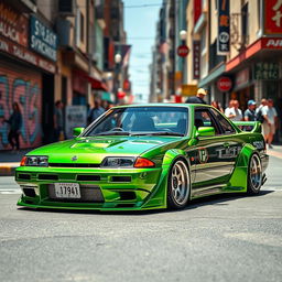 A vibrant 1990s Nissan JDM car, featuring a striking lowered stance that highlights its modified suspension