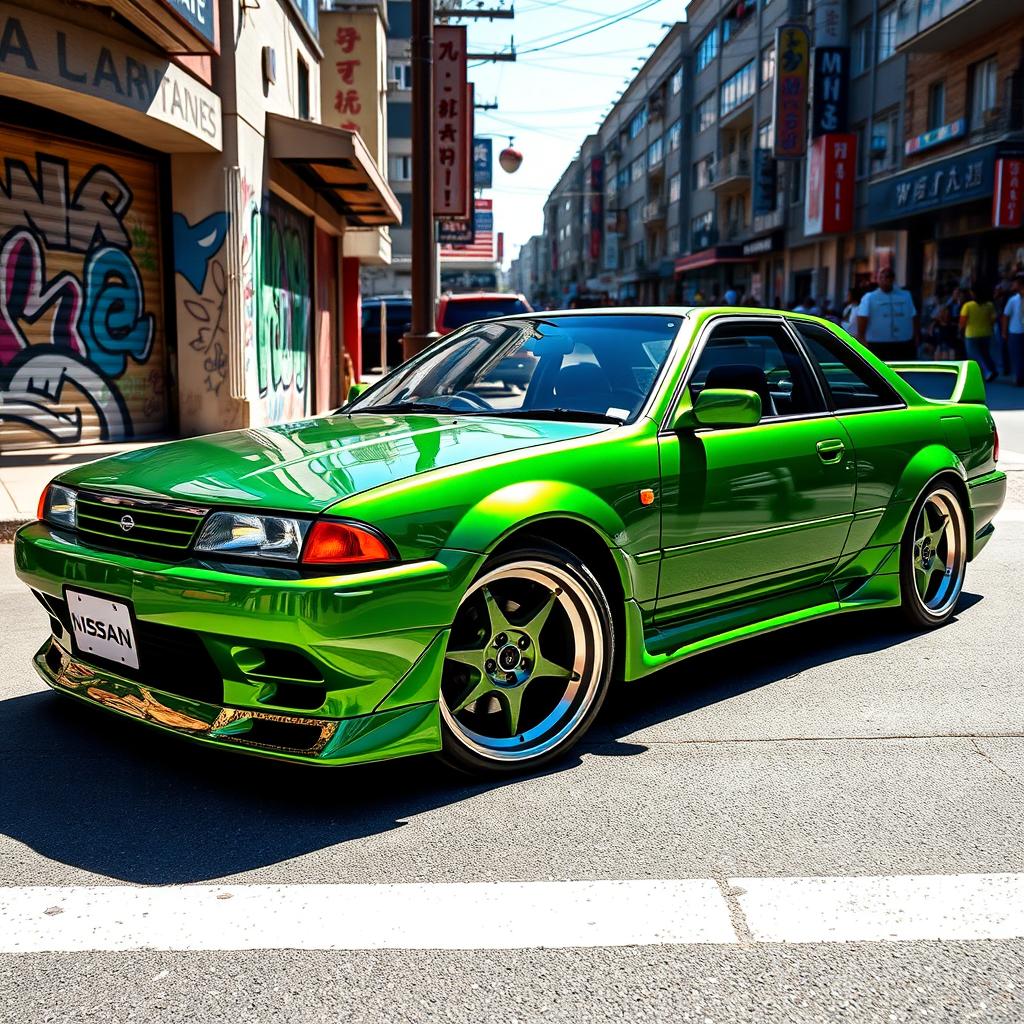 A vibrant 1990s Nissan JDM car, featuring a striking lowered stance that highlights its modified suspension
