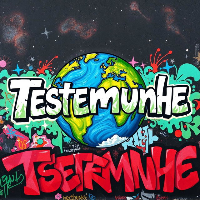 A creative depiction of the word 'Testemunhe' designed to resemble the planet Earth using various natural elements like landmasses and bodies of water